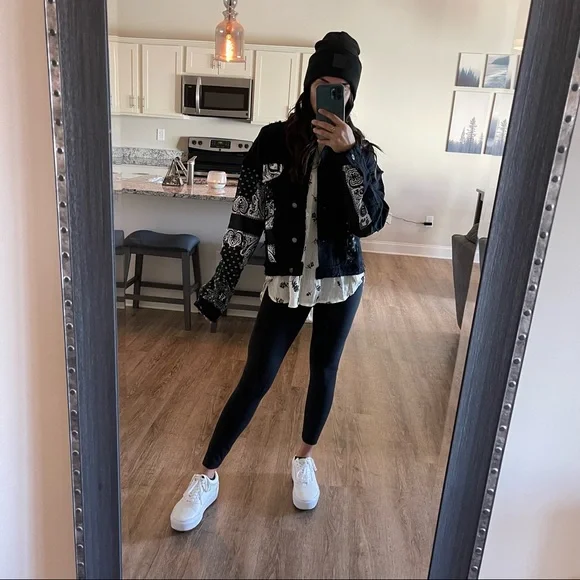 West Side Black Bandana Distressed Denim Jacket - Picture 6 of 14